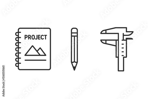 Notebook, pencil, caliper icons for project planning and measurement vector icon isolated illustration