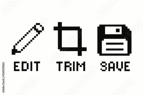 Pixel art icons of pencil, scissors, and floppy disk for edit, trim, save actions vector icon isolated illustration