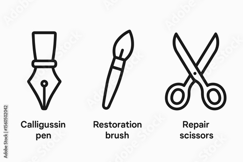 Calligraphy pen, paintbrush, scissors icons - artistic tools illustration vector icon isolated illustration