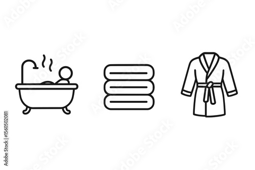 Bathtub with person, towels and bathrobe icons vector icon isolated illustration