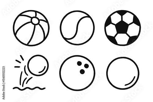 Set of six sports balls icons: beach ball, tennis, soccer, bouncing, bowling, blank outline vector icon isolated illustration