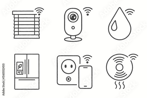 Smart home device icons: blinds, camera, water, fridge, outlet, sensor vector icon isolated illustration