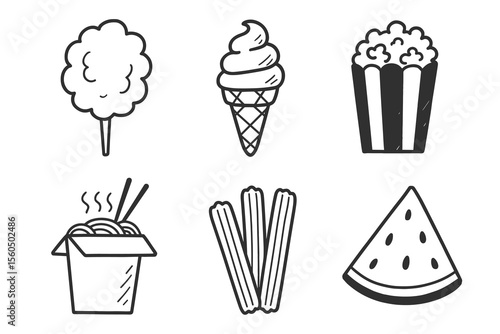 Black and white icon set of popular snacks: cotton candy, ice cream, popcorn, noodles, churros, watermelon vector icon isolated illustration