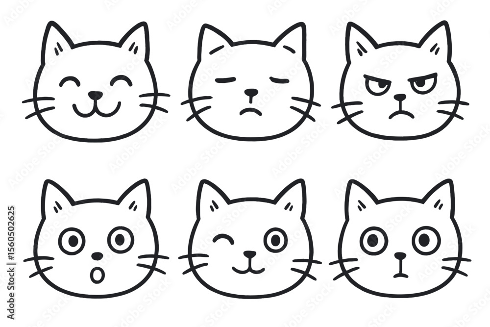 Cat emoji faces displaying various emotions in black and white vector icon isolated illustration Cat emoji faces displaying various emotions in black and white vector icon isolated illustration