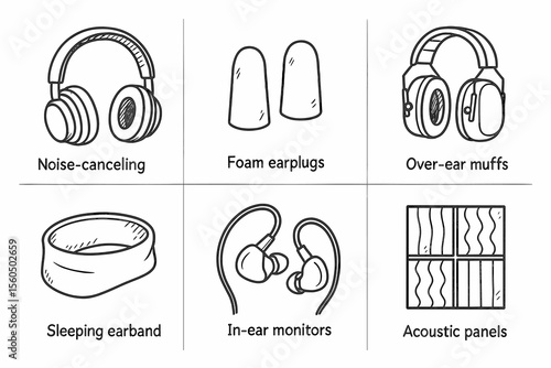Noise-canceling devices illustration with headphones and earplugs vector icon isolated illustration