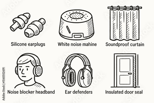 Soundproofing solutions: earplugs, white noise machine, soundproof curtain vector icon isolated illustration