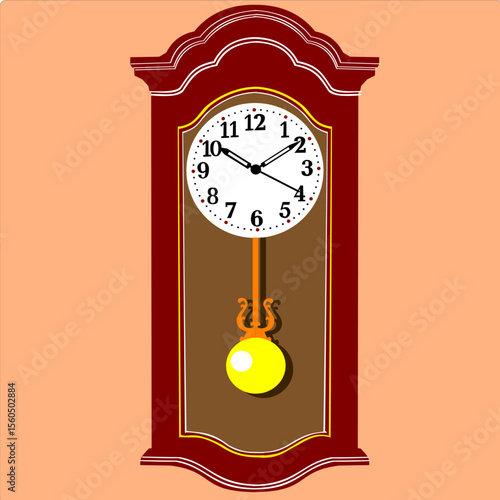 This is a vector illustration of an antique wall clock with a pendulum in a classic style and color."