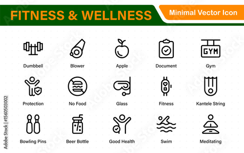 Set of fitness and wellness related line icons, wellbeing, mental health, healthcare, cosmetics, spa, medical. Outline icon collection.