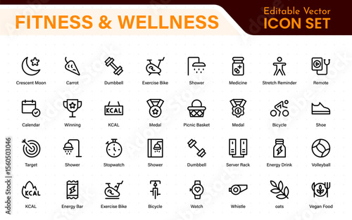 Set of fitness and wellness related line icons, wellbeing, mental health, healthcare, cosmetics, spa, medical. Outline icon collection.