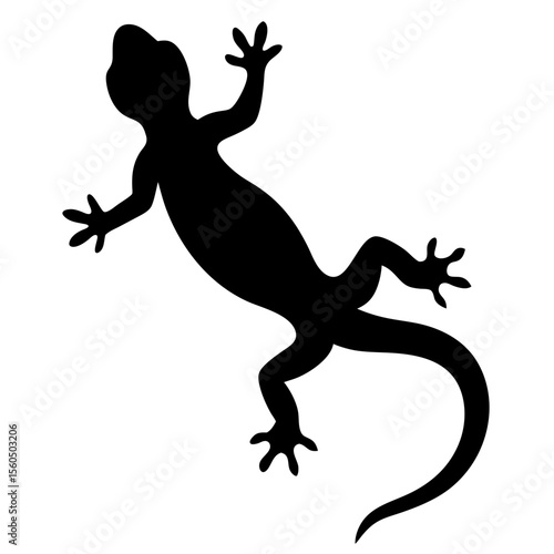 Black silhouette of a gecko climbing on a white background