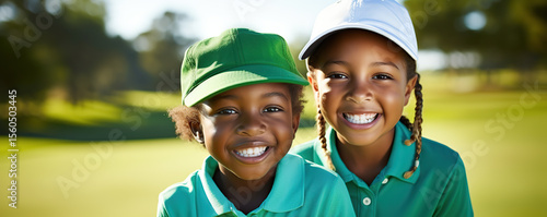 Two young children enjoy a sunny day at the golf course while practicing their swings and smiles during a junior golf event
