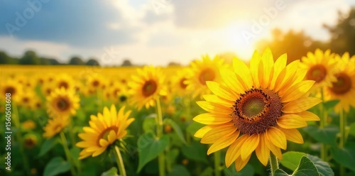 Vibrant Sunflowers Basking in Golden Sunlight A Breathtaking Summer Field Scene