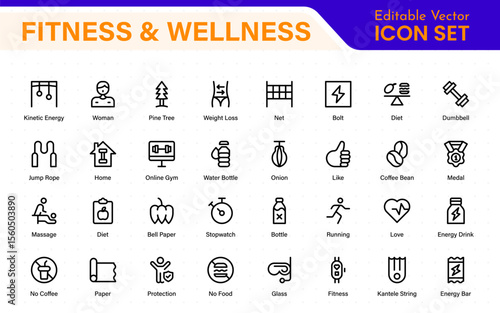 Set of fitness and wellness related line icons, wellbeing, mental health, healthcare, cosmetics, spa, medical. Outline icon collection.