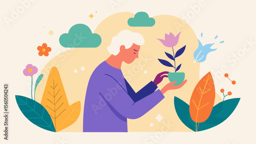 A person with Alzheimers surrounded by a variety of textures and scents in a sensory garden experiencing a brief moment of remembrance as they touch a familiar plant or flower. The. Vector