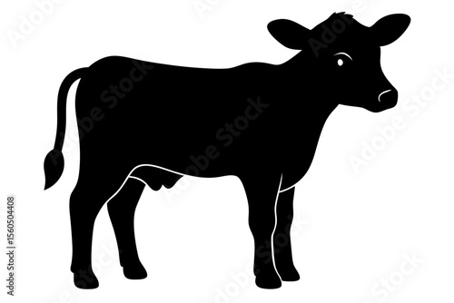 Simple black silhouette of a young cow standing on a white background