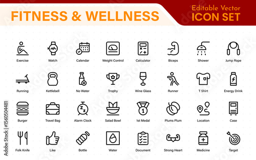 Set of fitness and wellness related line icons, wellbeing, mental health, healthcare, cosmetics, spa, medical. Outline icon collection.
