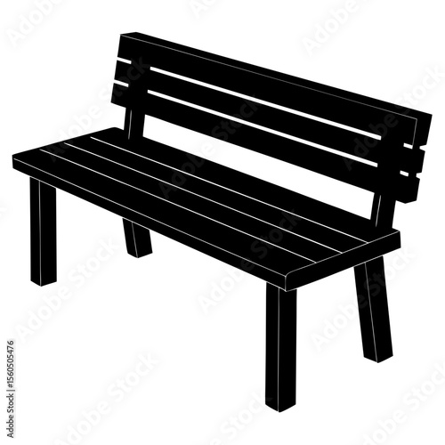 Classic black wooden park bench with slatted seat and backrest isolated on white