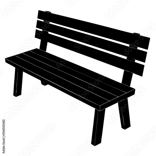 Simple black silhouette of a wooden park bench with a backrest on a white background