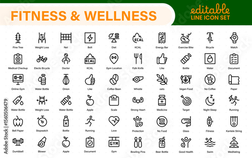 Set of fitness and wellness related line icons, wellbeing, mental health, healthcare, cosmetics, spa, medical. Outline icon collection.