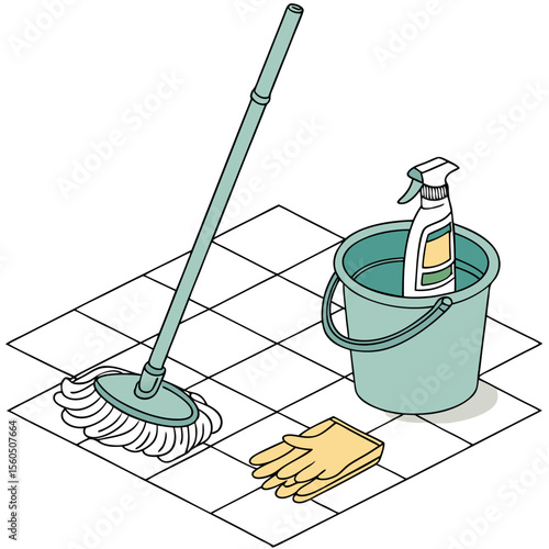 Illustration of cleaning supplies including a mop bucket spray bottle and gloves on tiled floor