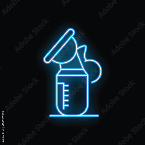Bright blue neon breast pump illuminating the dark background