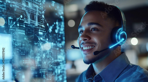 Futuristic hologram of a man talking with headset at a contact center