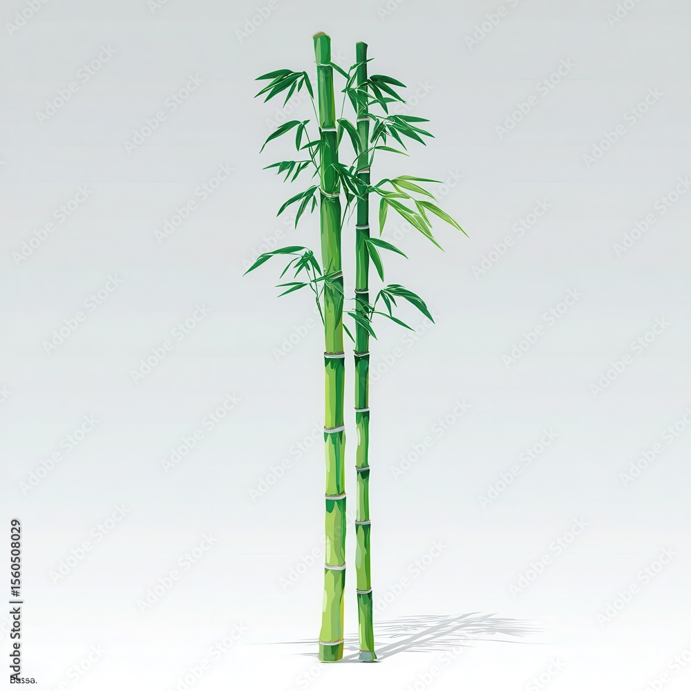 Naklejka premium Two bamboo stalks with lush foliage against a plain background.