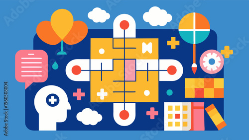A montage of different activities such as crossword puzzles memory games and logic problems as examples of the diverse ods used in cognitive training programs.. Vector illustration