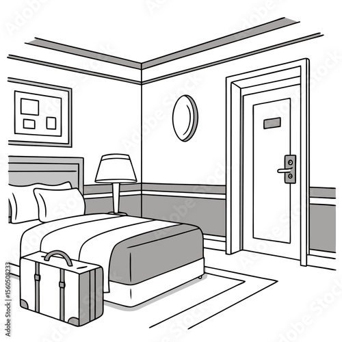 A hotel room interior with a bed, a suitcase, a lamp, and a door, depicted in a black and white drawing