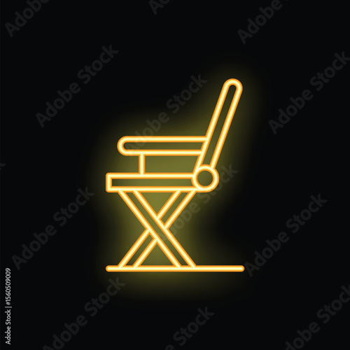 Bright yellow neon icon of a director's chair is glowing against a black background