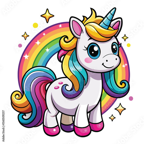 Playful Cartoon Unicorn with Clouds and Rainbow