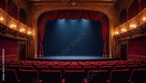 Grand Ornate Theatre Interior Empty Velvet Seats Await the Next Performance.  Rich Colors and Textures Evoke History and Anticipation Under Stage Lights.