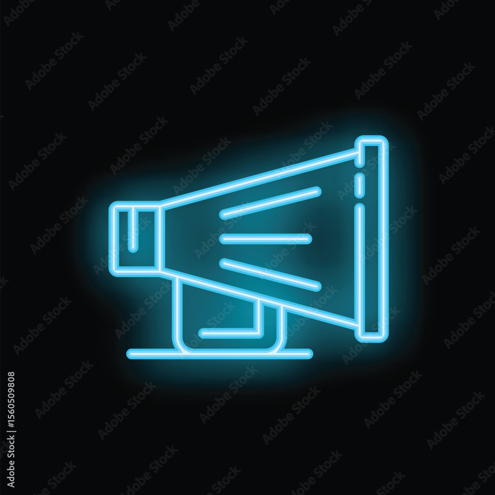 Glowing blue neon megaphone icon representing marketing and promotion Glowing blue neon megaphone icon representing marketing and promotion