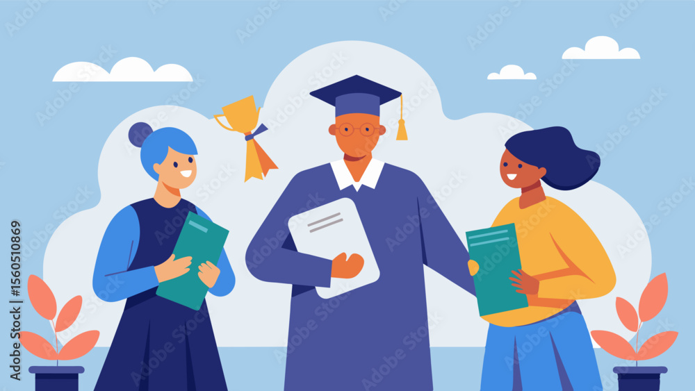 A graduation ceremony for caregivers who have completed their training with a guest speaker sharing inspirational words and the caregivers receiving certificates or pins to. Vector illustration A graduation ceremony for caregivers who have completed their training with a guest speaker sharing inspirational words and the caregivers receiving certificates or pins to. Vector illustration