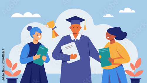 A graduation ceremony for caregivers who have completed their training with a guest speaker sharing inspirational words and the caregivers receiving certificates or pins to. Vector illustration