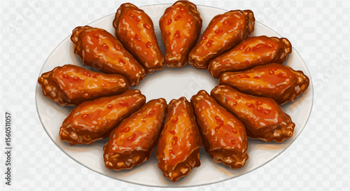 Flat lay of crispy fried chicken wings with dipping sauce in the center