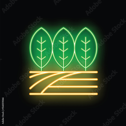 Glowing neon sign representing growing plants in a field, perfect for businesses related to agriculture, farming, and gardening