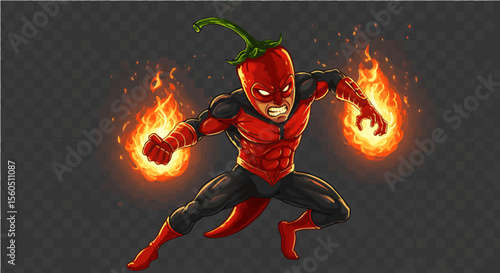 A chili pepper superhero with fire coming from its hands, black-and-red outfit, bold expression, isolated PNG.