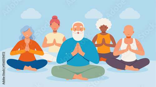 A group of elderly friends attending a mindfulness retreat together practicing meditation and selfcare. The support and encouragement from their friends aiding in their ability to. Vector illustration