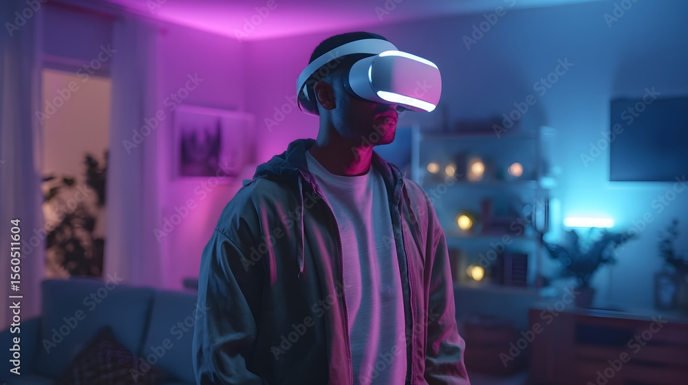 A person wearing virtual reality glasses experiencing immersion in a vibrant, futuristic setting A person wearing virtual reality glasses experiencing immersion in a vibrant, futuristic setting