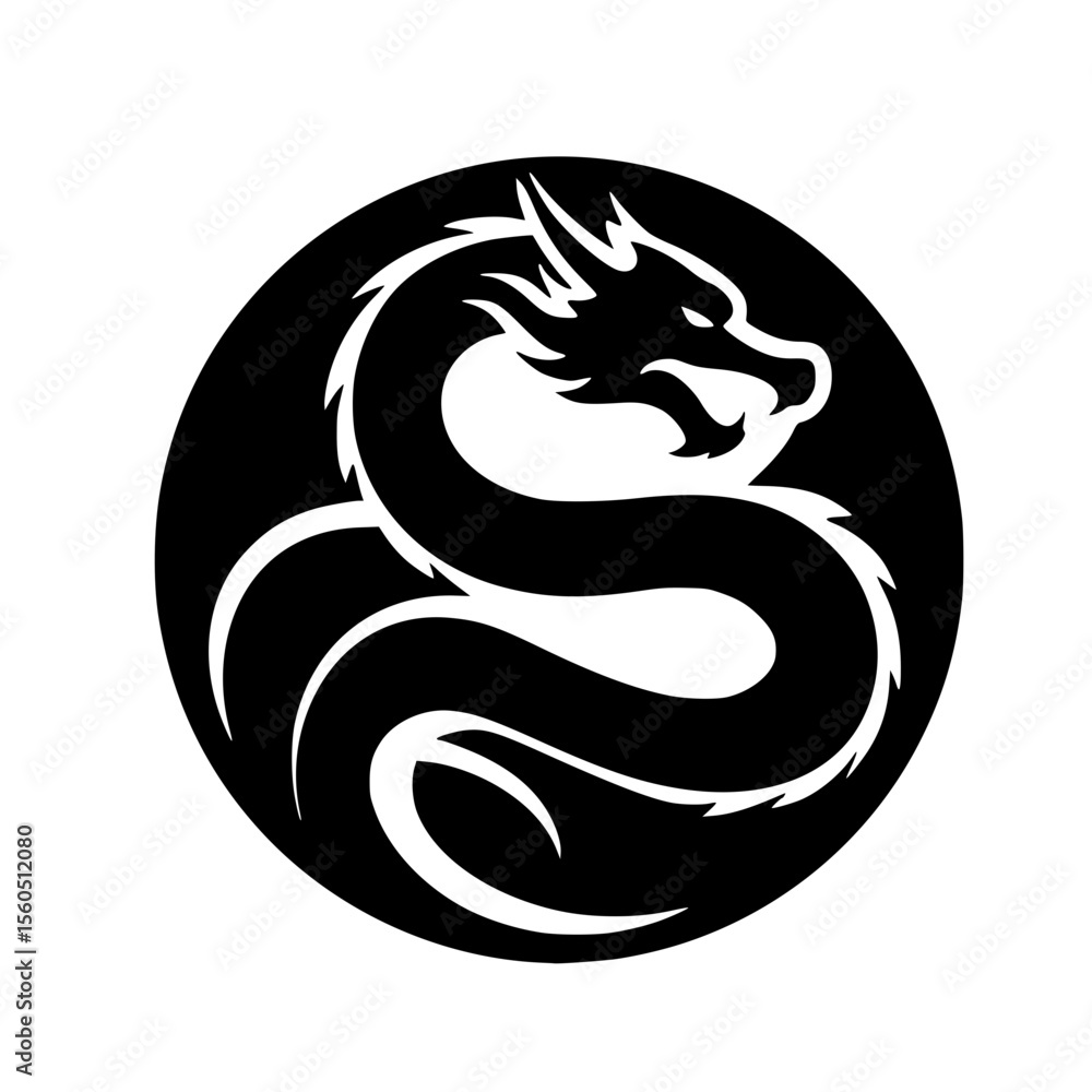 Fototapeta premium dragon token icon vector - Black silhouette of a dragon coiled inside a circular design