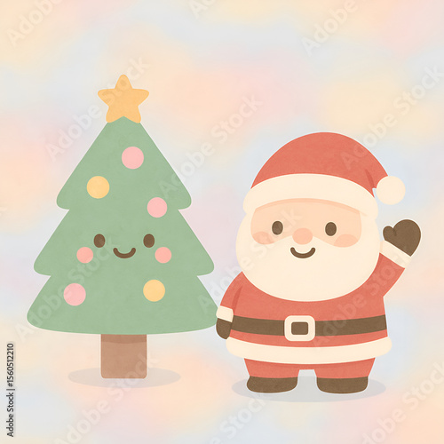 Minimal Kawaii Scene with Santa and Smiling Tree