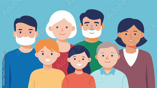 A family portrait featuring a middleaged couple with their adult children and grandchildren highlighting the role of family support in promoting mental wellbeing and resilience.. Vector illustration
