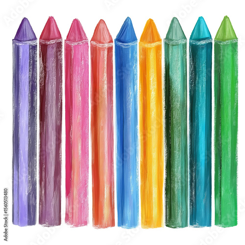 Vibrant Crayon Array: A dazzling assembly of colorful crayons. Each crayon is meticulously detailed and exhibits distinct shades. Capturing the essence of artistic expression and education.