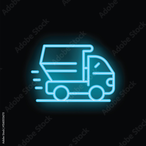 Glowing blue neon icon of a dump truck quickly moving left on a black background