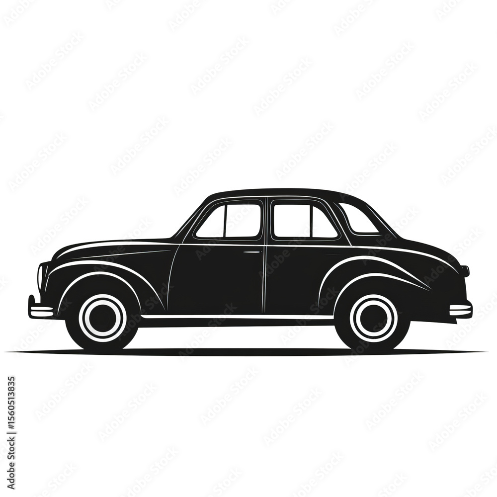 Naklejka premium Classic Black Sedan: A sleek, vintage black sedan, capturing the timeless elegance of classic automobile design, stands in striking contrast.