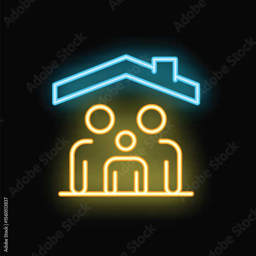 Glowing neon icon of family with child staying together at home under roof, concept of family safety or insurance