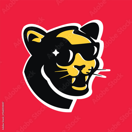 Happy and fun cougar panther cartoon character mascot style wearing shade glasses with sparkling stars. Portrait profile for logo and icon illustration