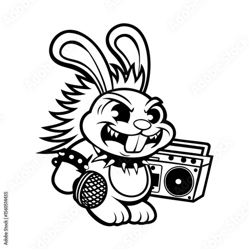 A punk rock rabbit with a mohawk holding a microphone boombox bunny animal