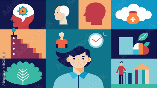 A collage of photos capturing different milestones in an individuals life illustrating the impact of life experiences on brain development and the formation of memories.. Vector illustration